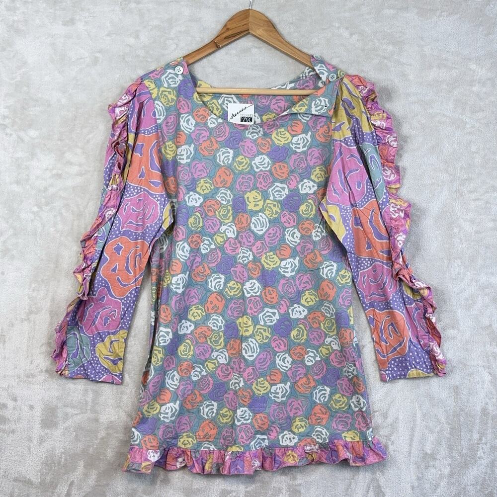 Vintage 90s Jeanne Marc Botanical Ruffle Sleeve Mini Dress Cotton Size 10 HK